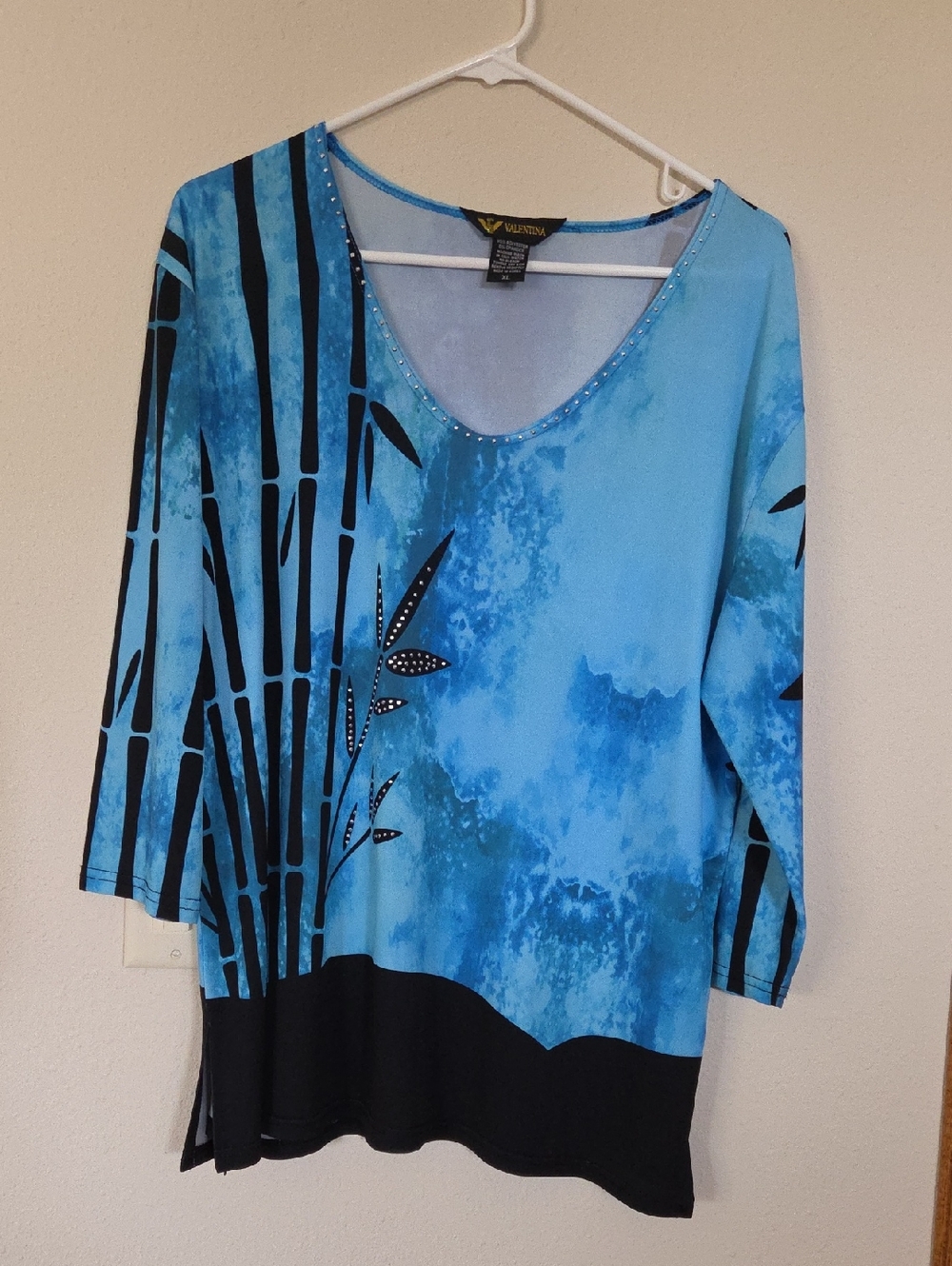 Valentina Blue & Black Bamboo-Print V-Neck Tunic with Rhinestone Trim